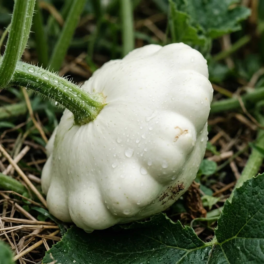 Jeune pâtisson blanc couvert de rosée, bord festonné et pédoncule anguleux, macro — SemiSauvage
