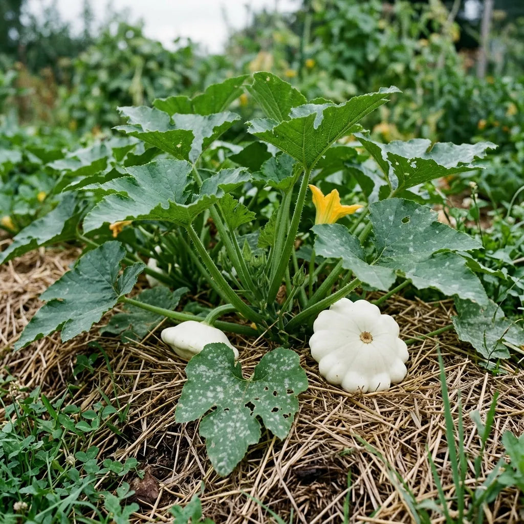 Pied de pâtisson blanc en production sur une butte paillée au potager — SemiSauvage