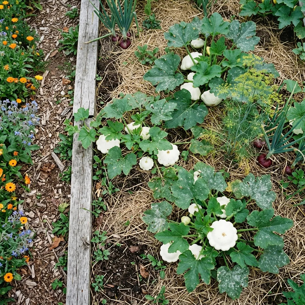 Pâtissons blancs sur une planche de potager en permaculture bordée de soucis et de bourrache — SemiSauvage