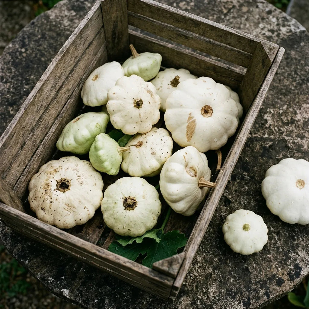 Récolte de pâtissons blancs en vrac dans une cagette de bois au jardin — SemiSauvage