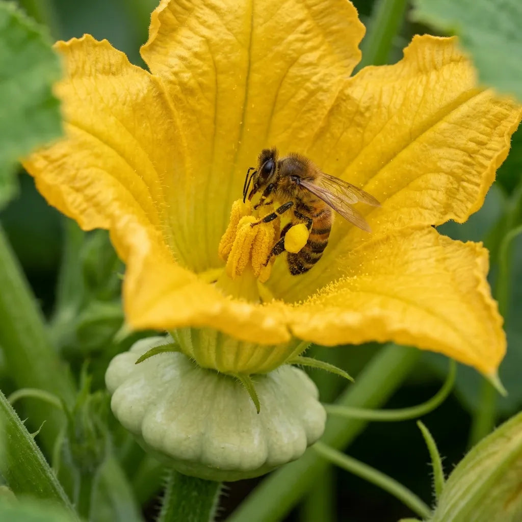 Abeille dans une fleur femelle de pâtisson, ovaire déjà en forme de soucoupe — SemiSauvage