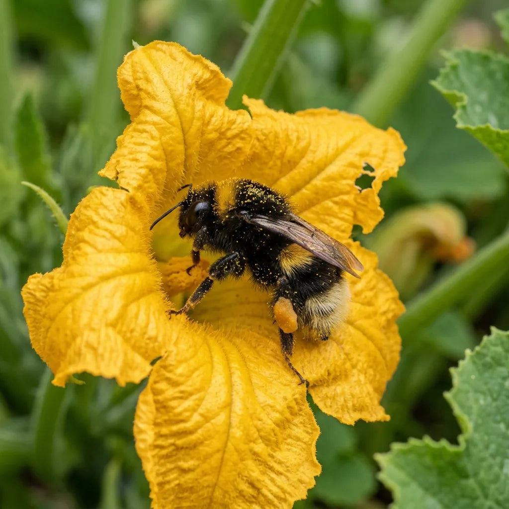 Bourdon chargé de pollen dans une fleur de pâtisson, plante mellifère — SemiSauvage