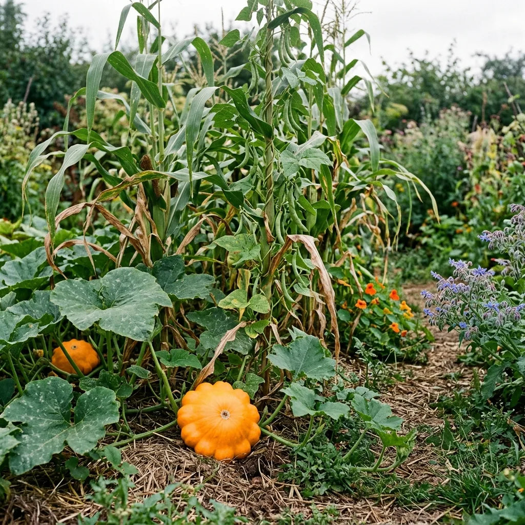Pâtisson orange associé au maïs et aux haricots dans un potager en permaculture — SemiSauvage