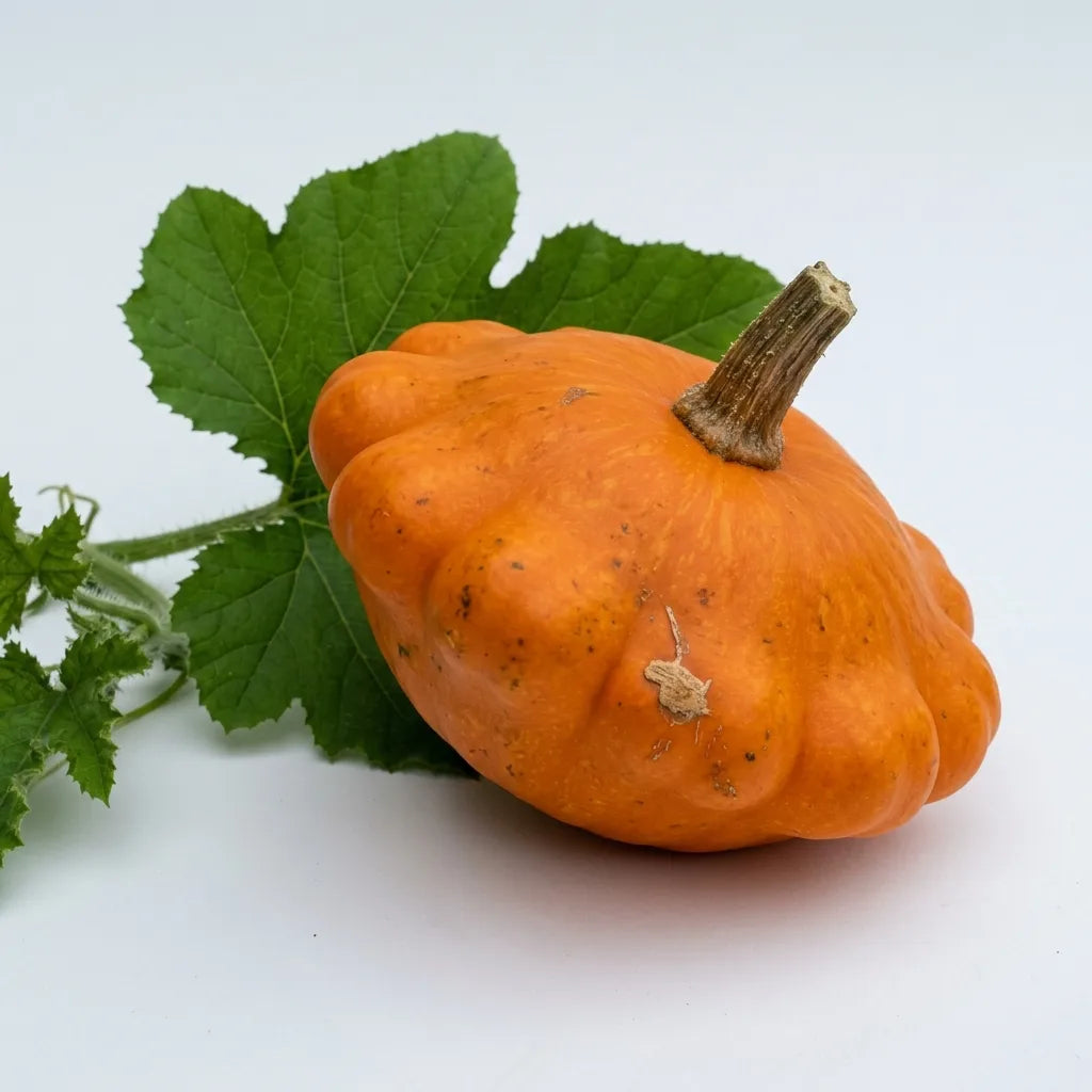 Pâtisson orange en soucoupe festonnée avec sa feuille, sur fond blanc — SemiSauvage