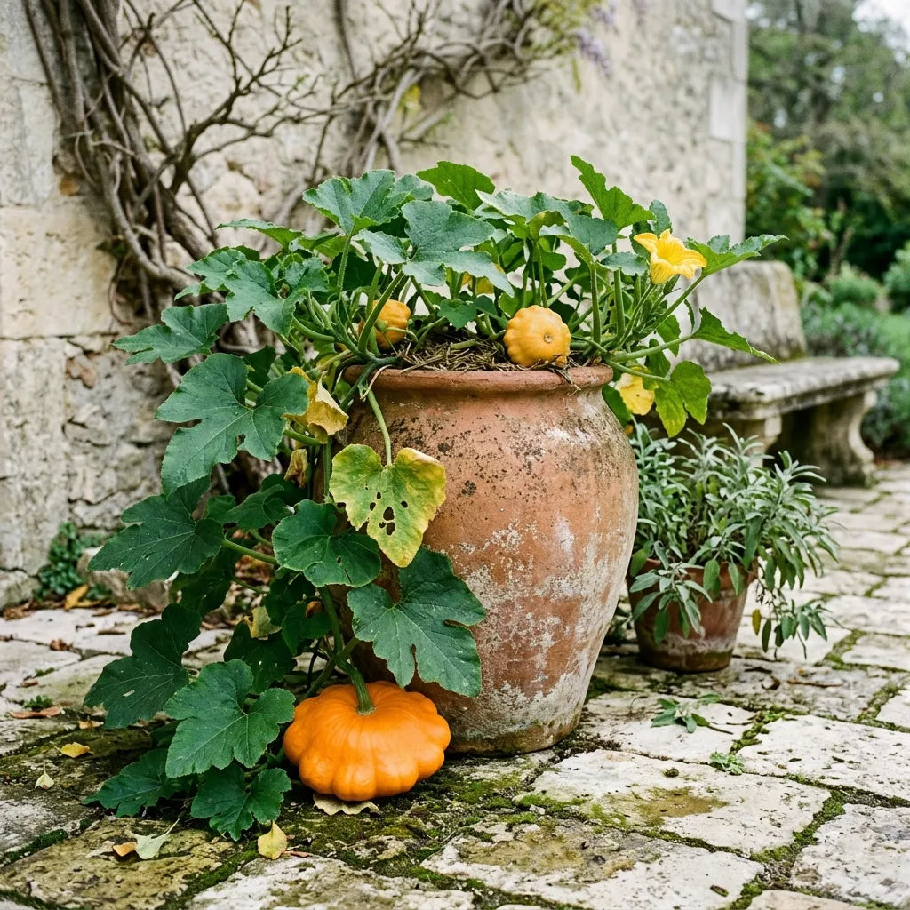 Pâtisson orange cultivé en jarre de terre cuite sur une terrasse dallée — SemiSauvage