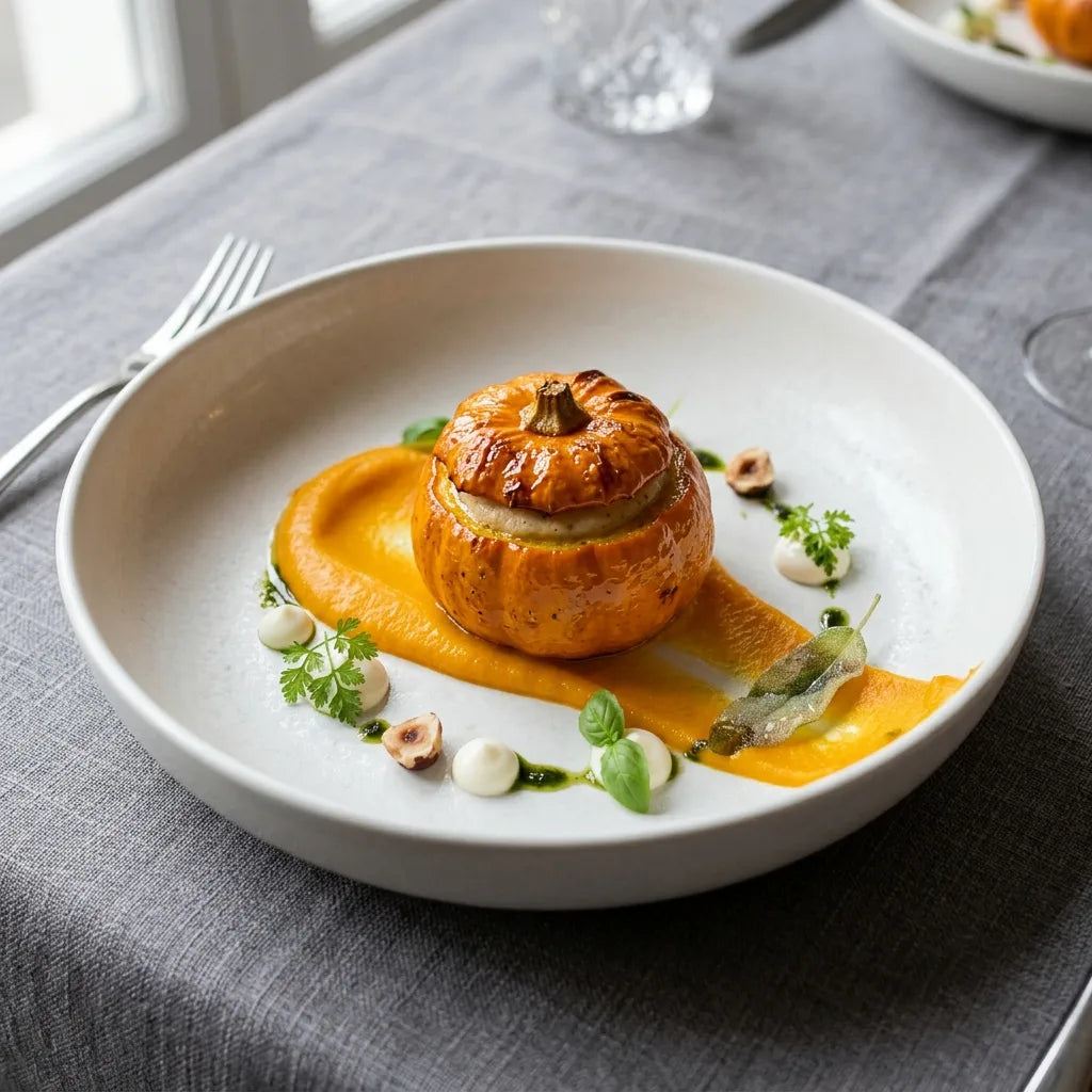 Pâtisson orange farci et glacé, dressé sur velouté de courge — SemiSauvage