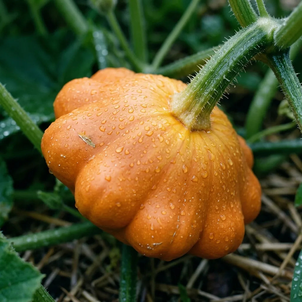 Jeune pâtisson orange couvert de rosée, bord festonné et pédoncule anguleux, macro — SemiSauvage