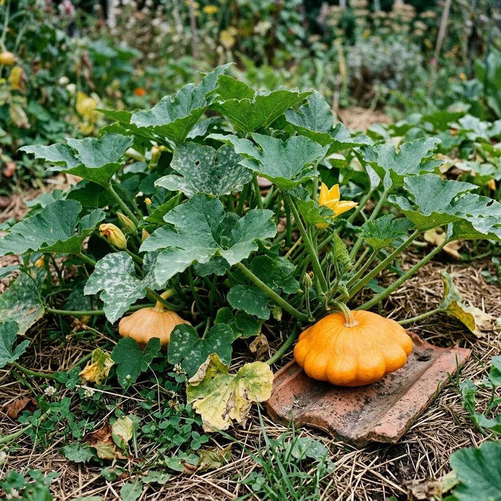 Pied de pâtisson orange au potager, fruit posé sur une tuile au-dessus du paillage — SemiSauvage