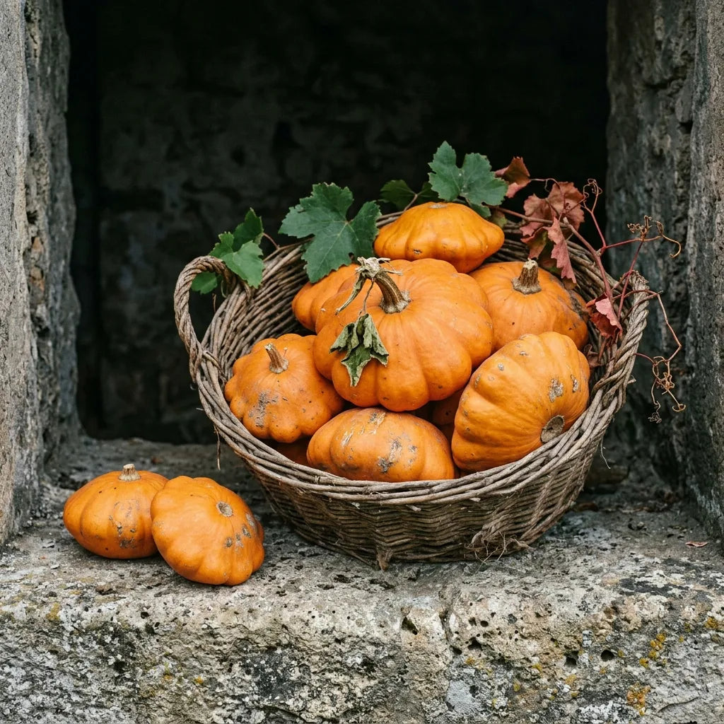 Récolte de pâtissons orange en vrac dans une corbeille d'osier sur un appui de pierre — SemiSauvage