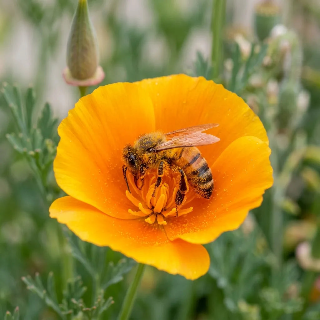 Abeille couverte de pollen orange au cœur d'une fleur de pavot de Californie — SemiSauvage