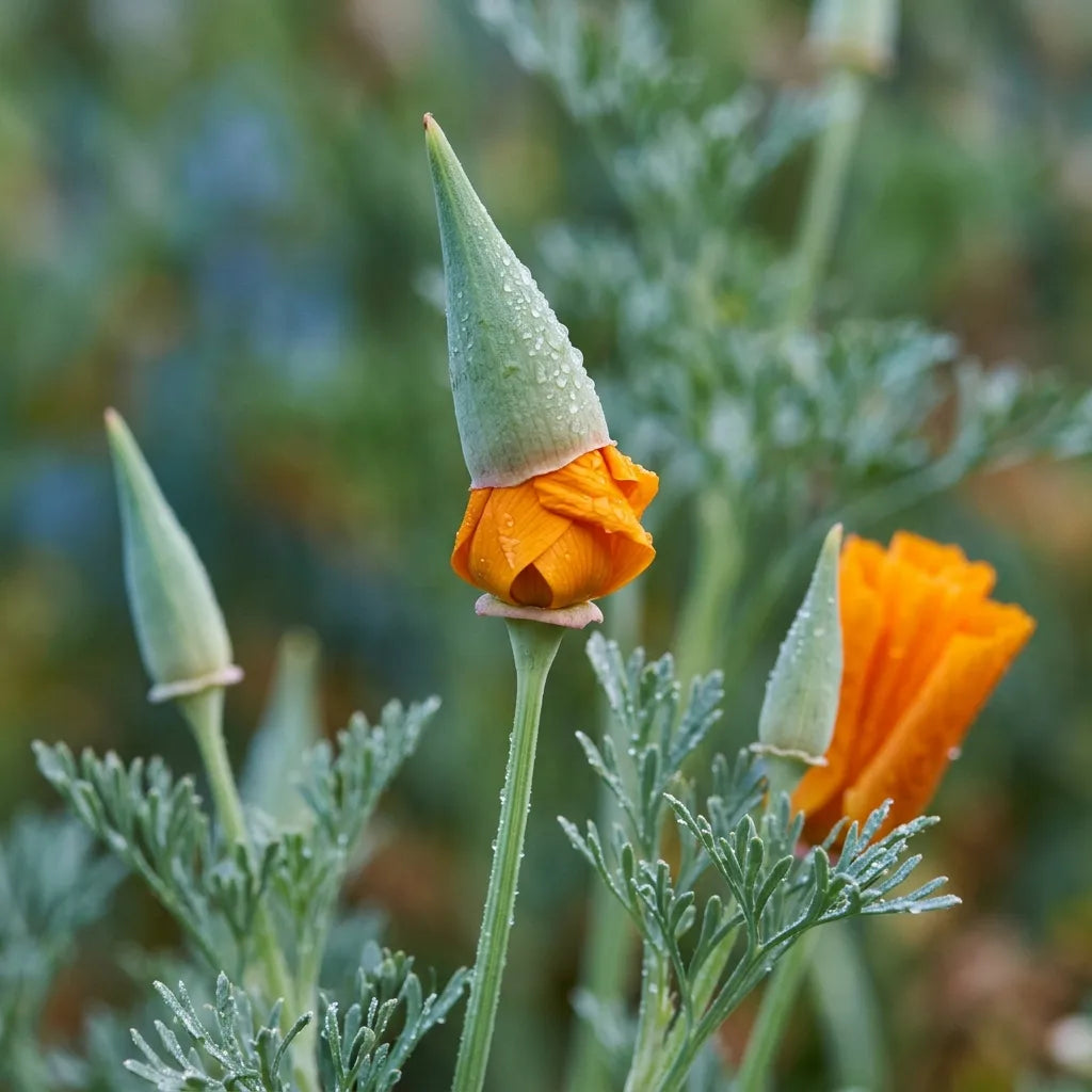 Bouton de pavot de Californie soulevant son capuchon conique, détail botanique d'Eschscholzia californica — SemiSauvage