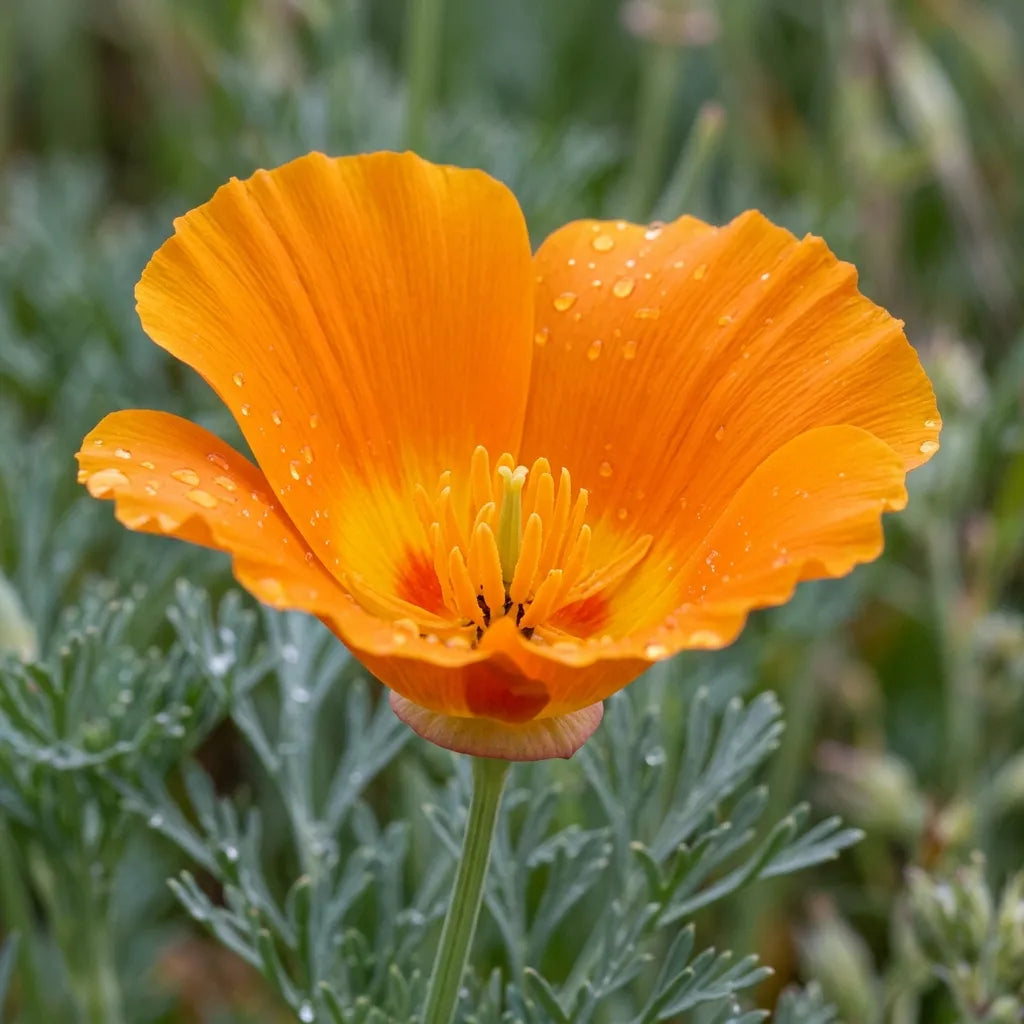 Macro d'une fleur de pavot de Californie ouverte en coupe, pétales satinés et gorge saumonée — SemiSauvage