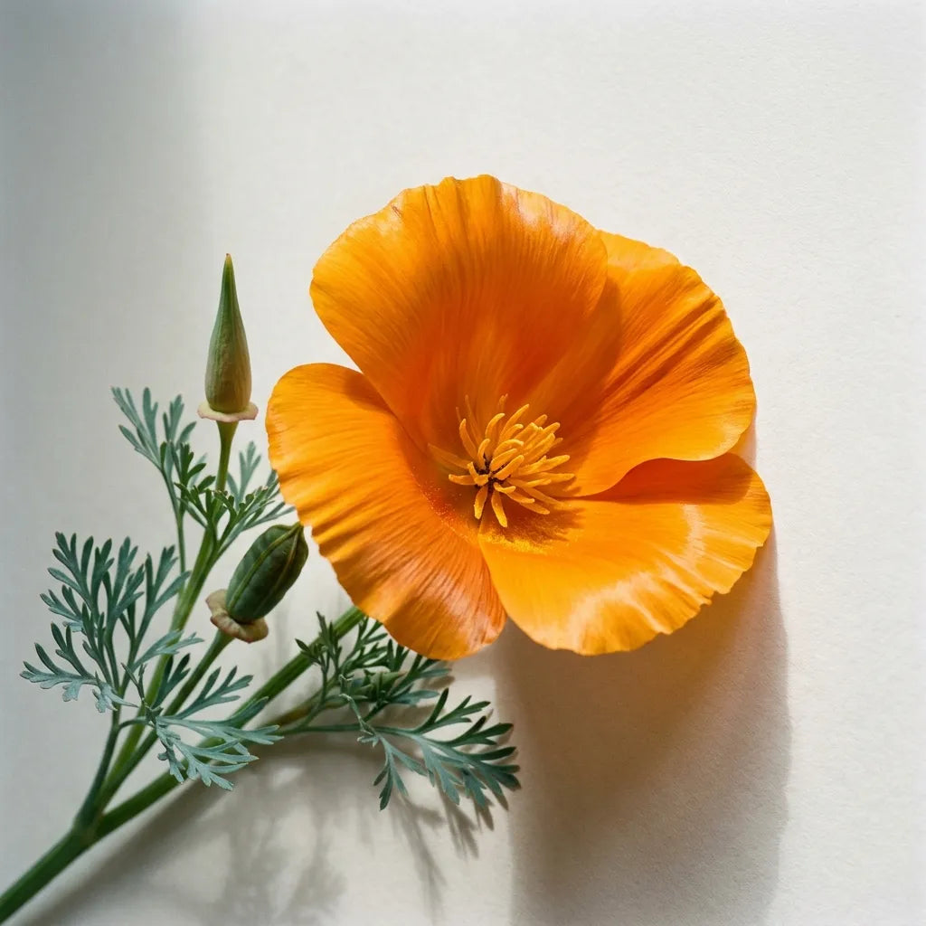 Fleur orange de pavot de Californie (Eschscholzia californica), quatre pétales soyeux en coupe sur fond blanc — SemiSauvage
