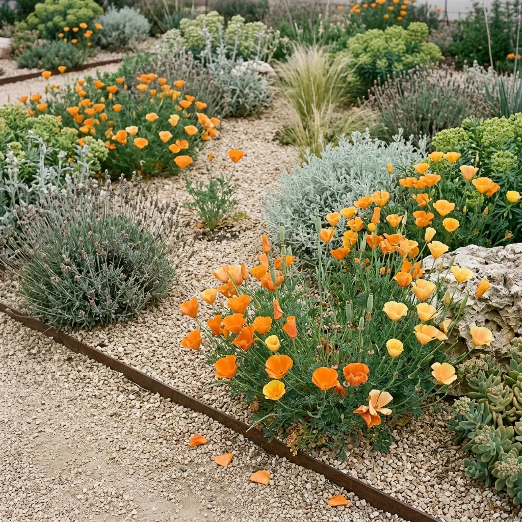 Pavot de Californie dans un jardin sec de gravier, floraison orange sans arrosage — SemiSauvage