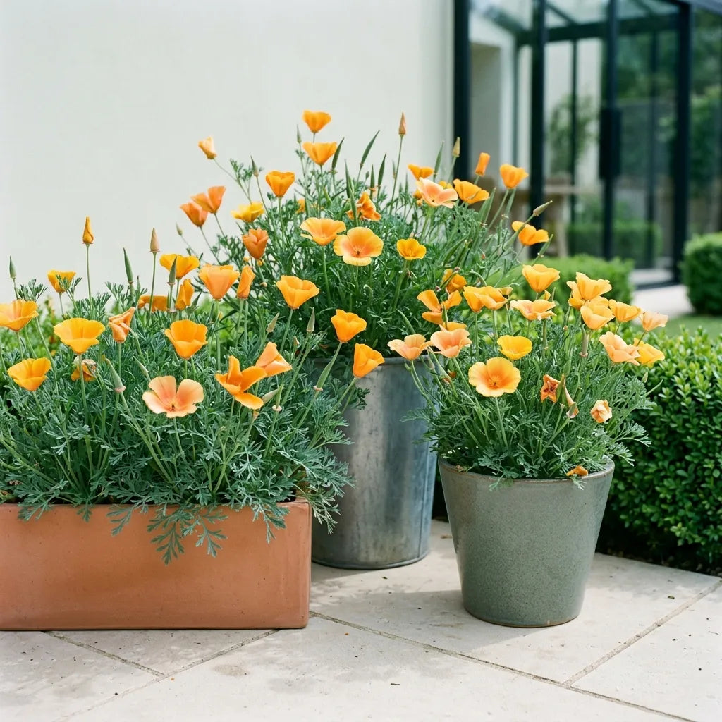 Jardinières et potées de pavot de Californie sur une terrasse de jardin contemporain — SemiSauvage