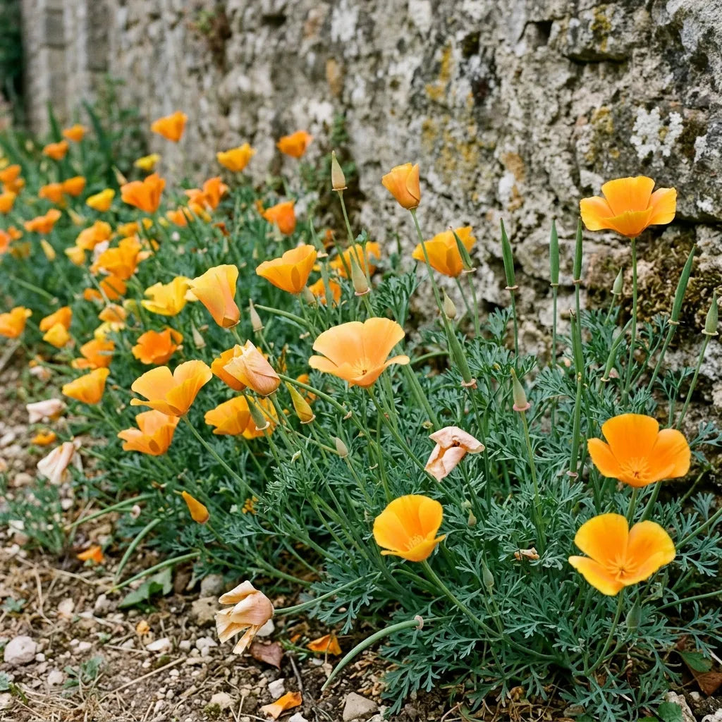 Massif de pavots de Californie en pleine floraison au pied d'un mur de pierre — SemiSauvage