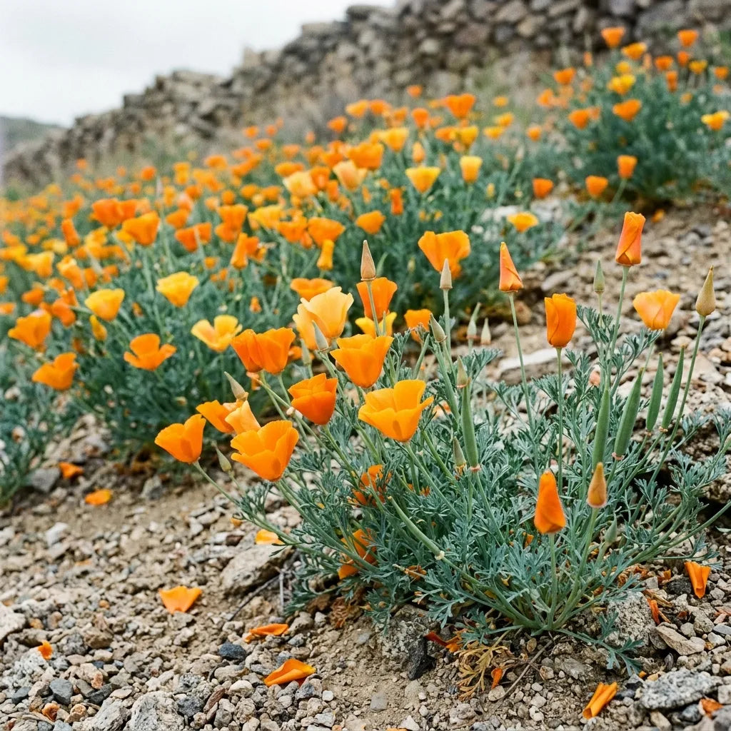 Pavots de Californie en fleurs sur un talus sec et caillouteux, sol pauvre et drainant — SemiSauvage