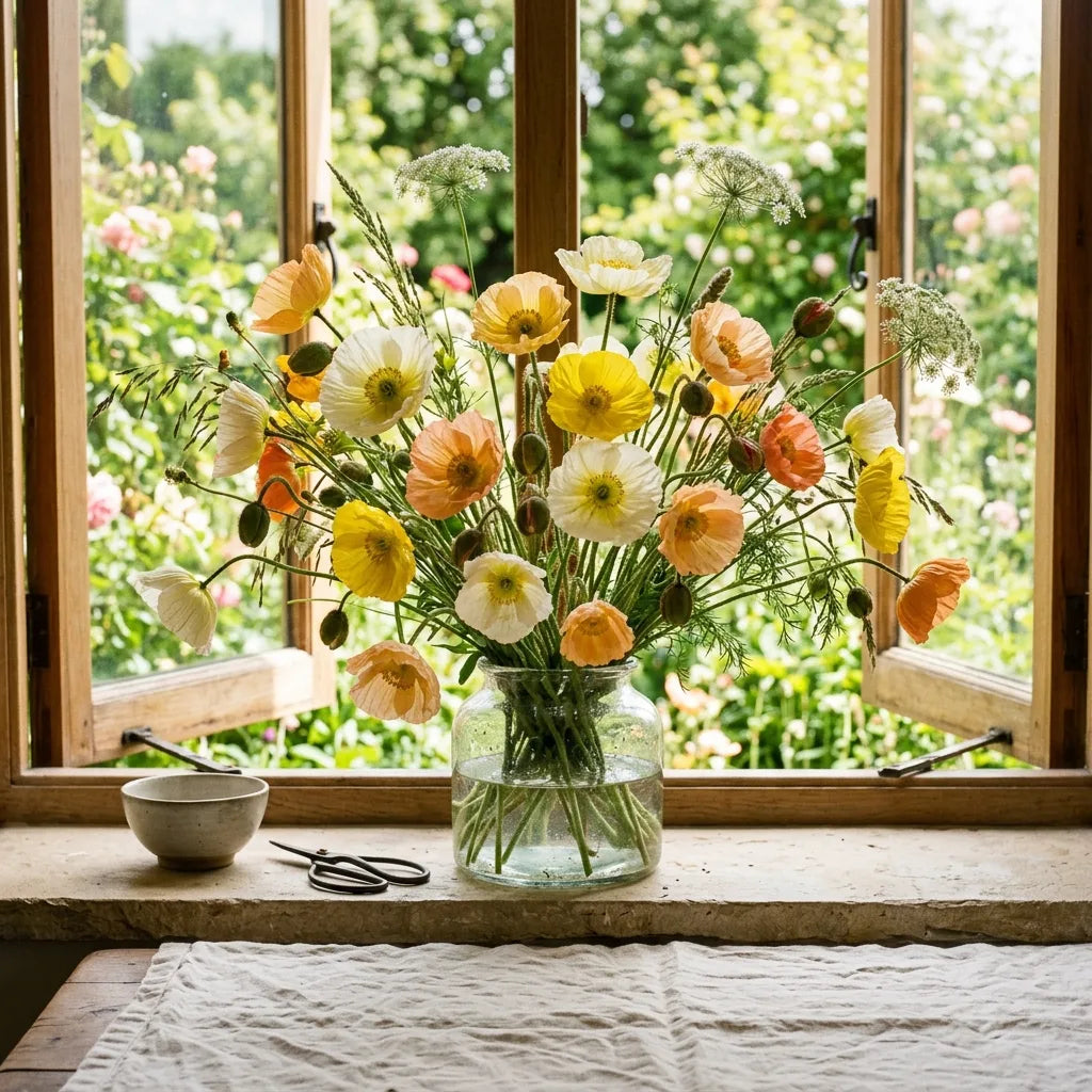 Bouquet de pavots d'Islande dans un vase de verre soufflé à la fenêtre