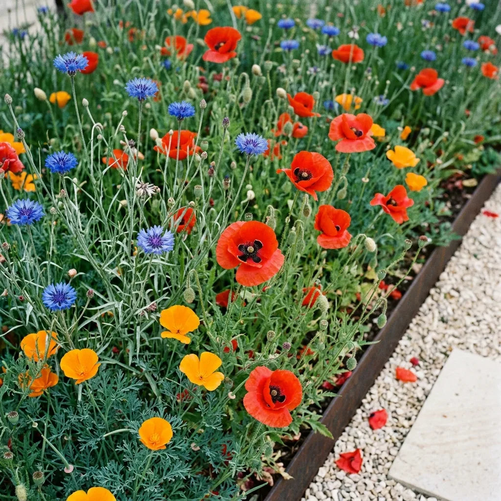 Pavot Ladybird en prairie fleurie avec bleuets et pavots de Californie — SemiSauvage