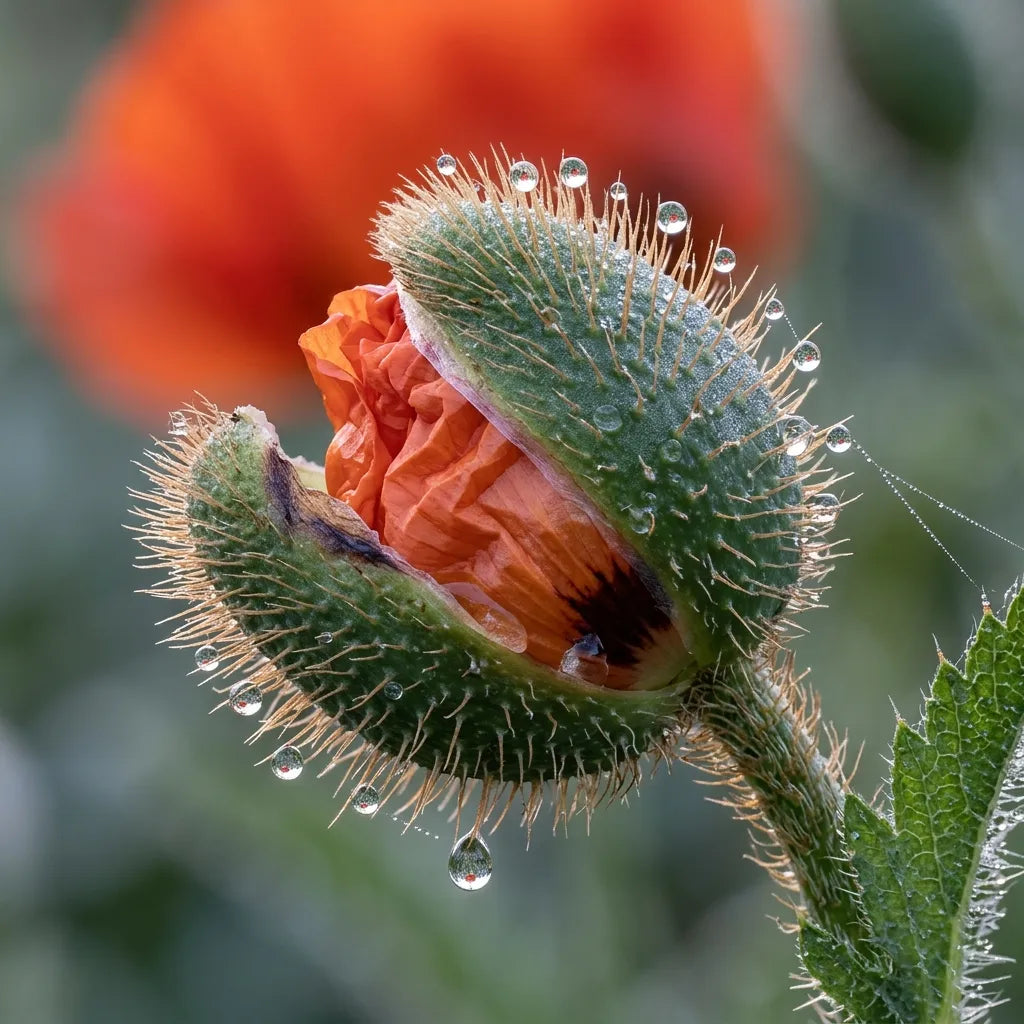 Bouton hérissé de pavot d'Orient s'ouvrant à l'aube, couvert de rosée — SemiSauvage