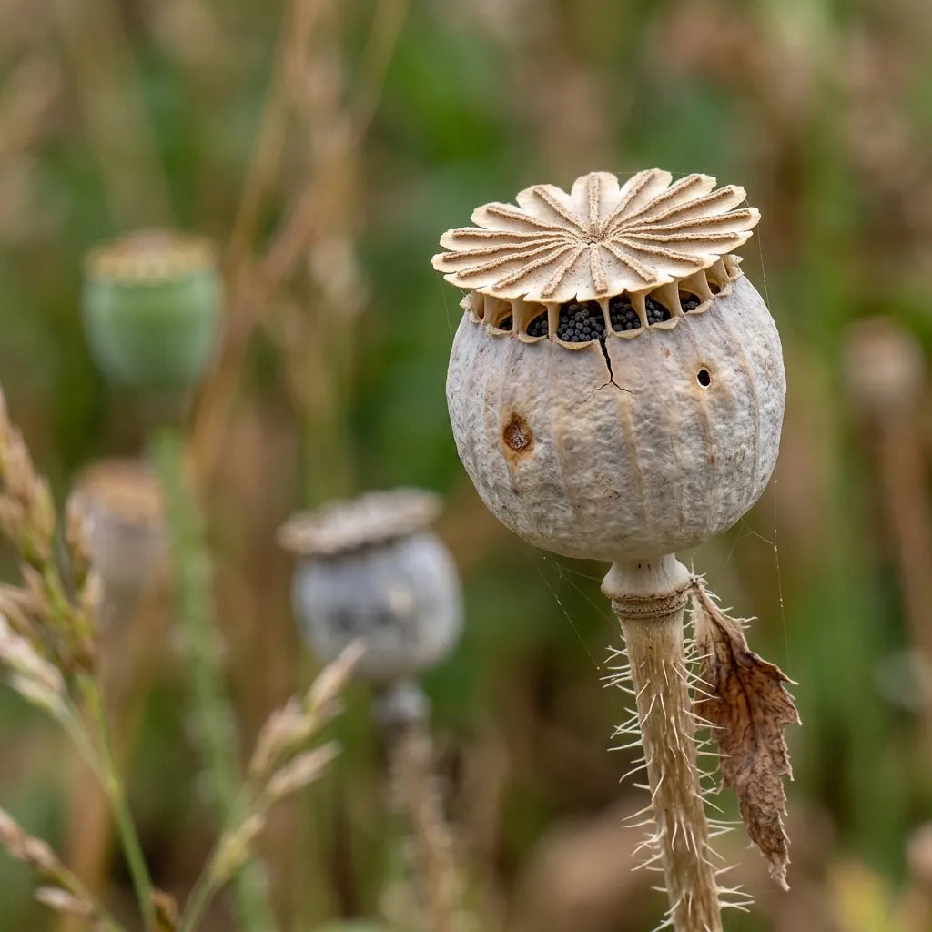 Capsule sèche de pavot d'Orient et sa couronne rayée aux pores ouverts — SemiSauvage