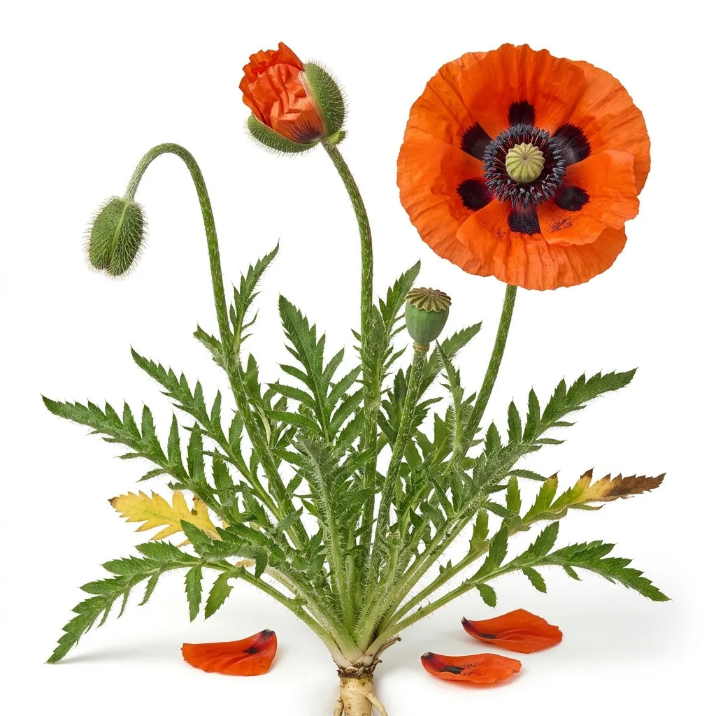 Plante entière de pavot d'Orient (Papaver orientale) en fleur sur fond blanc — SemiSauvage