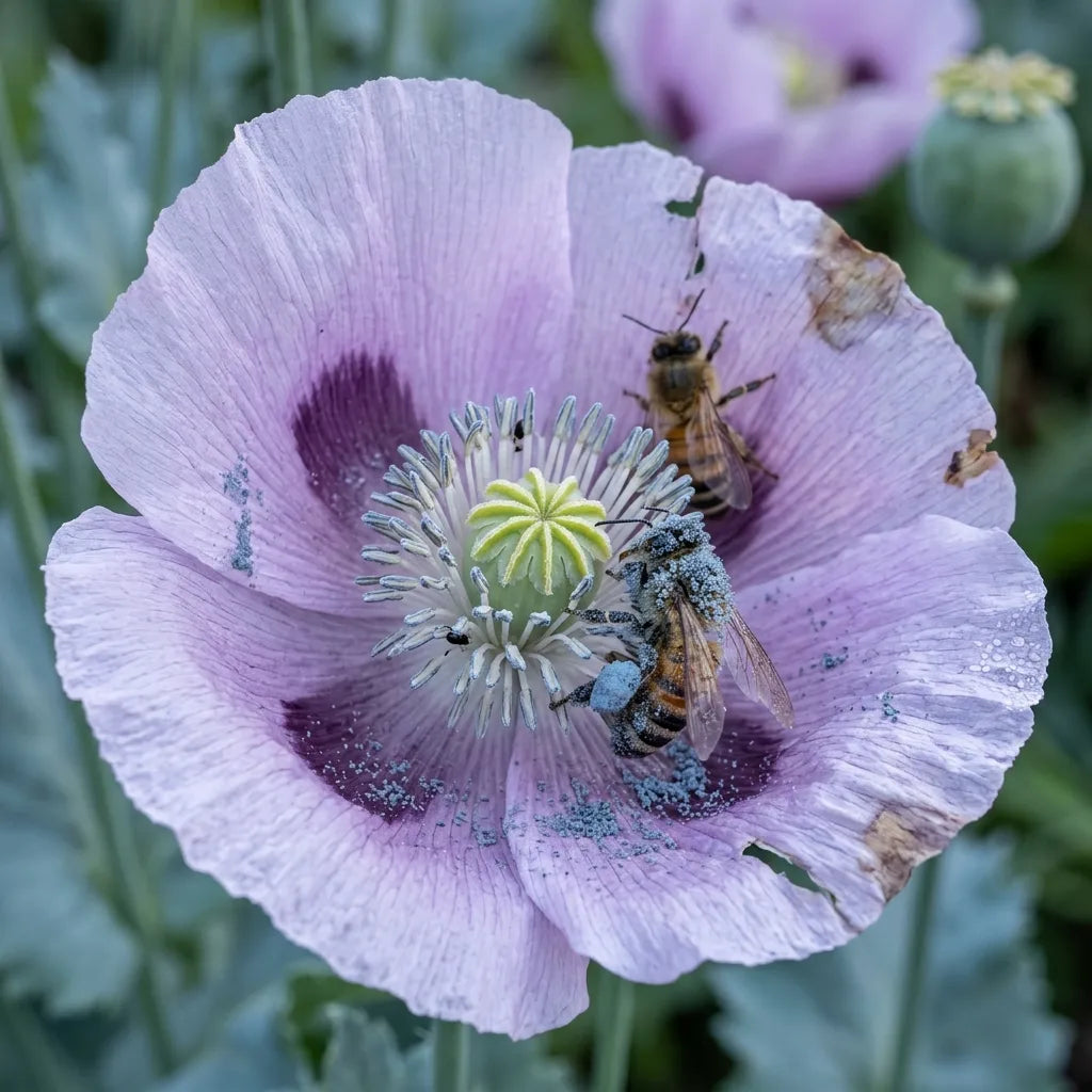 Abeilles couvertes de pollen au cœur d'une fleur de pavot somnifère au petit matin — SemiSauvage
