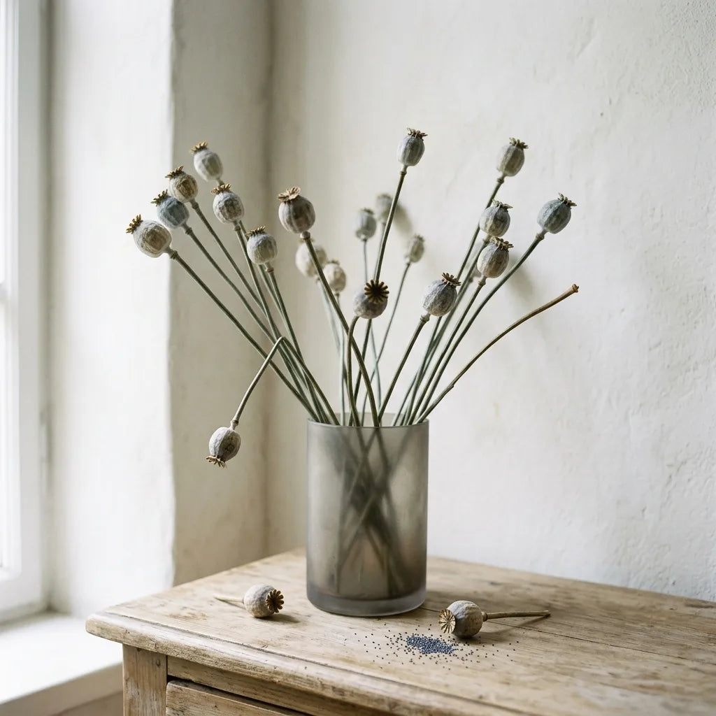 Bouquet sec de capsules de pavot somnifère dans un vase de verre dépoli — SemiSauvage