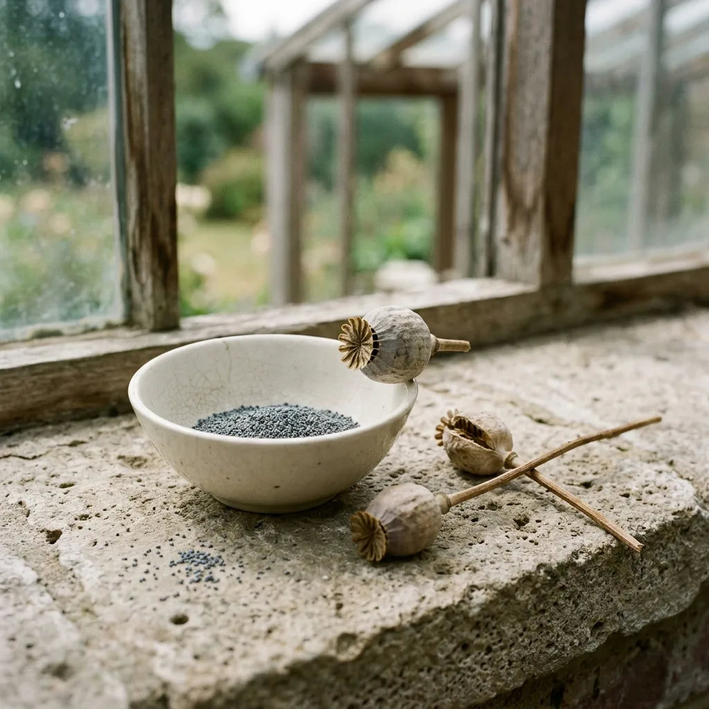 Capsule sèche de pavot somnifère et petite quantité de graines dans une coupelle de porcelaine — SemiSauvage