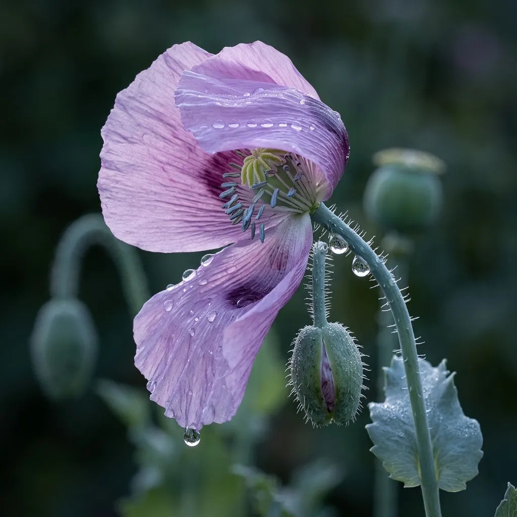 Éclosion d'une fleur de pavot somnifère aux pétales froissés, couverte de rosée — SemiSauvage