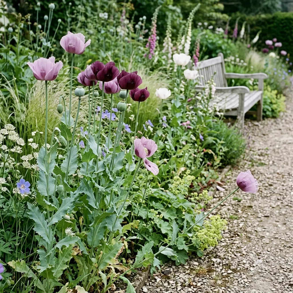 Pavots somnifères mauves et lilas dans un massif de jardin d'ornement — SemiSauvage