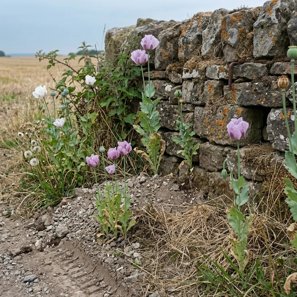 Pavots somnifères ressemés spontanément au pied d'un mur de pierre sèche — SemiSauvage