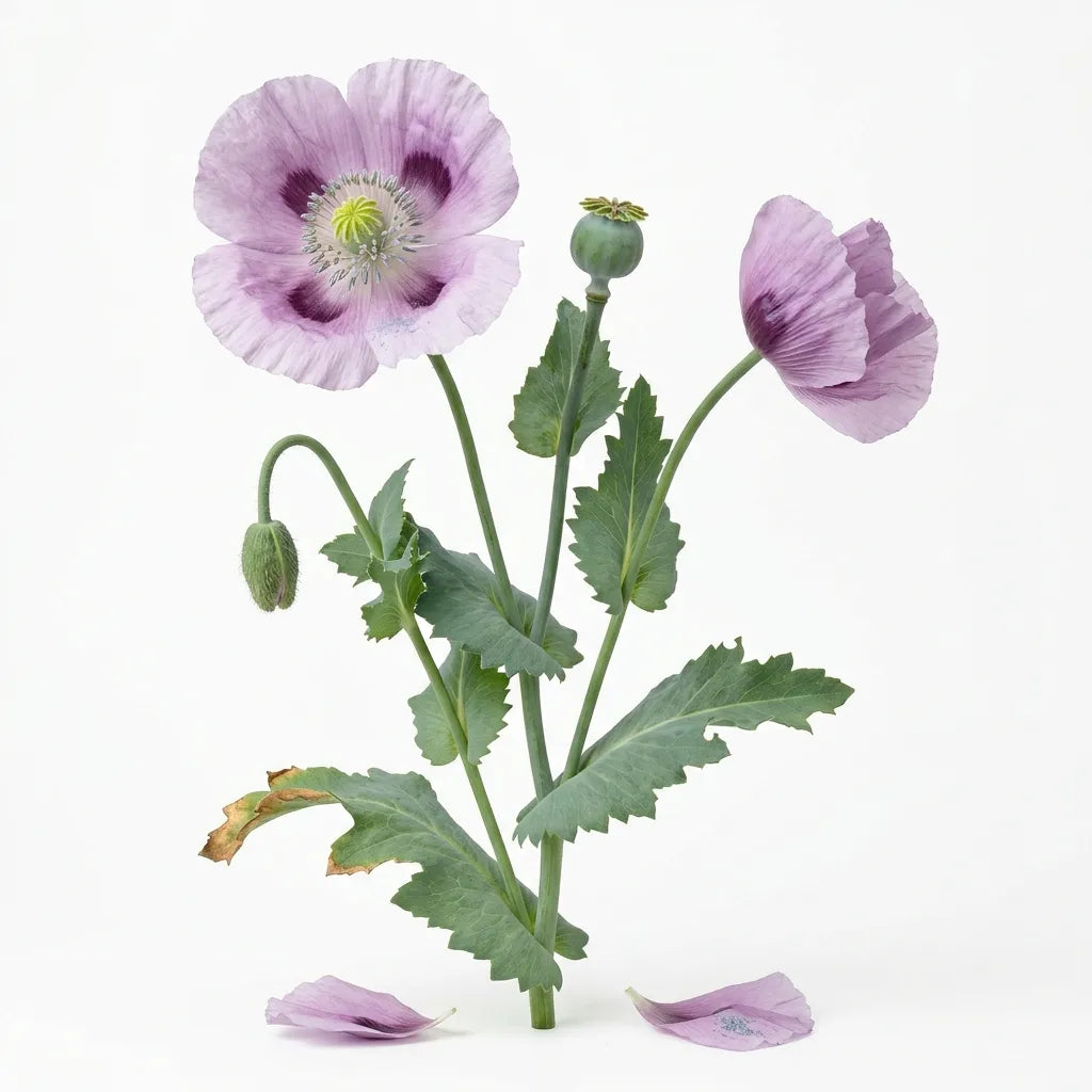 Plante entière de pavot somnifère (Papaver somniferum) : fleur froissée, bouton et capsule sur fond blanc — SemiSauvage