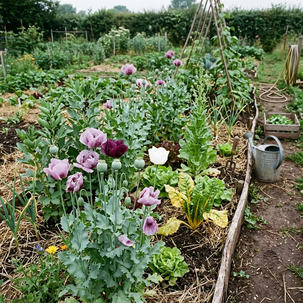 Pavots somnifères semés à la volée dans une planche de potager en permaculture — SemiSauvage