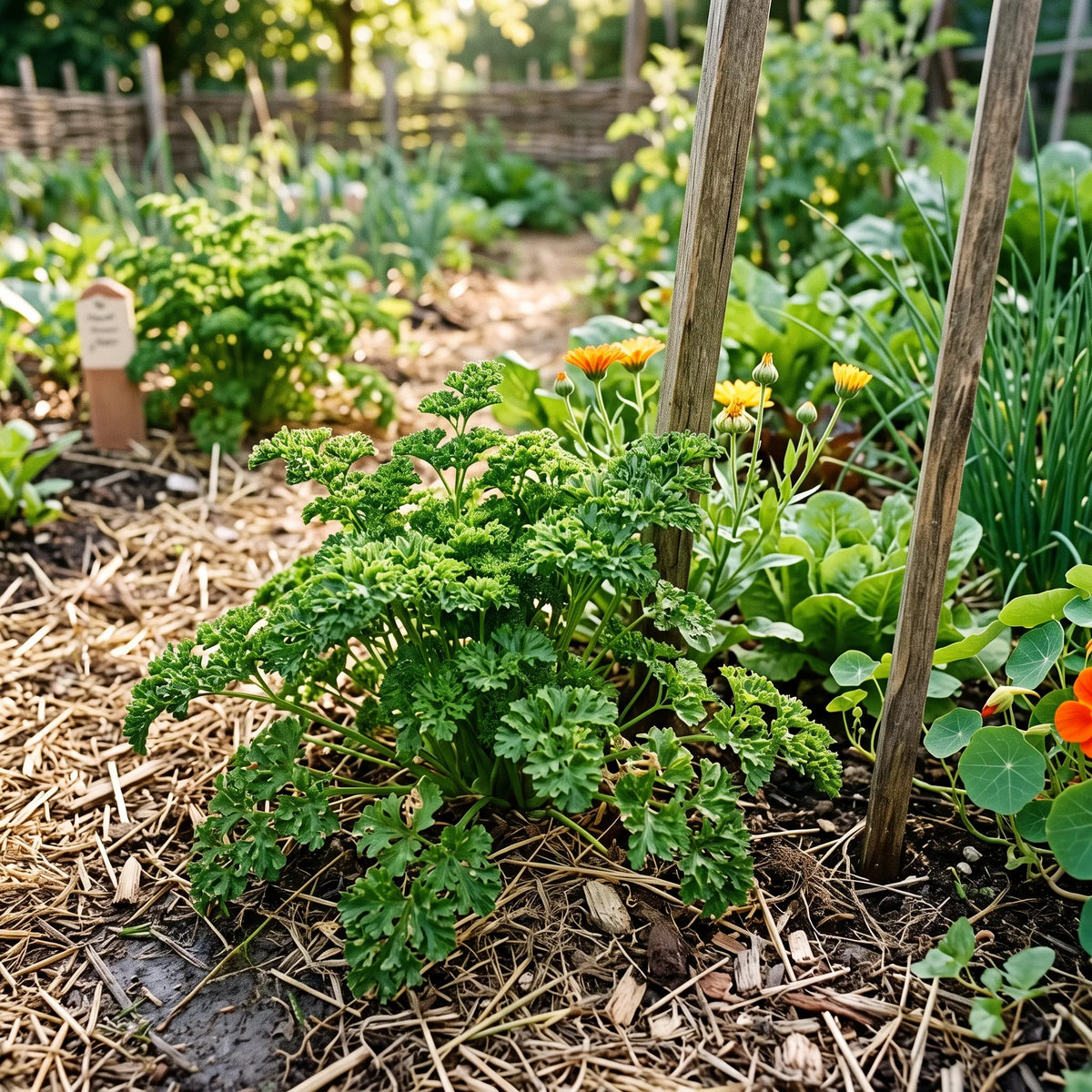 Touffes de persil frisé au potager sur sol paillé, vue rasante au niveau du feuillage