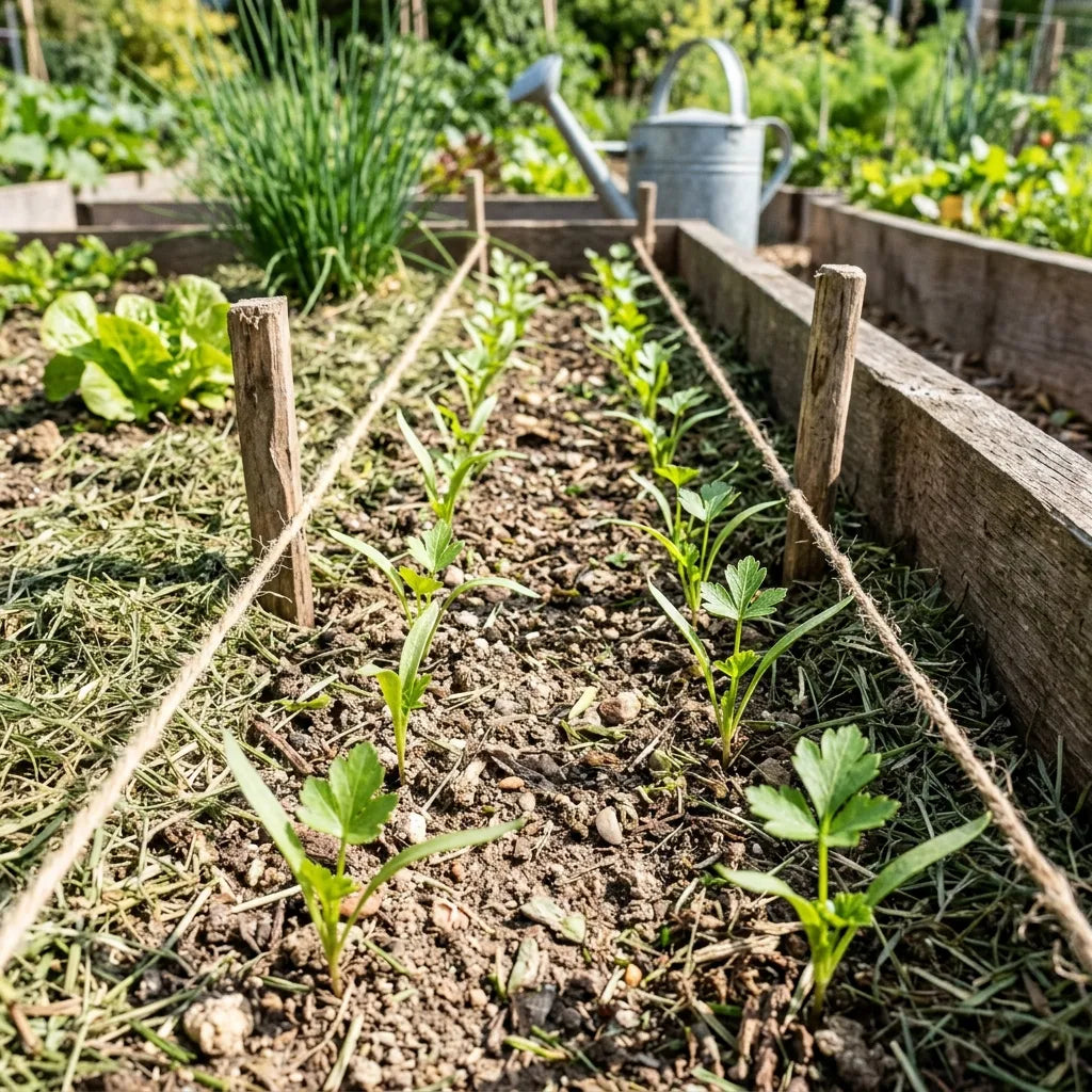 Semis de persil plat en sillon dans un carré potager surélevé