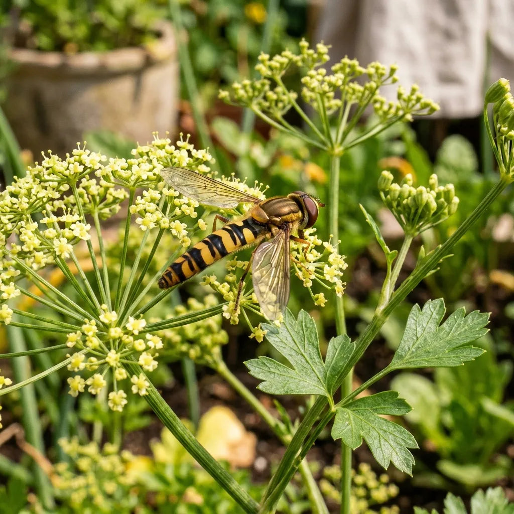 Syrphe porte-plume posé sur une ombelle de persil plat monté à fleur