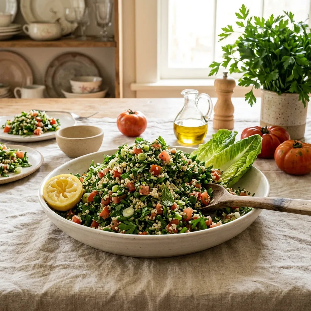 Taboulé libanais au persil plat servi dans un plat de céramique artisanale