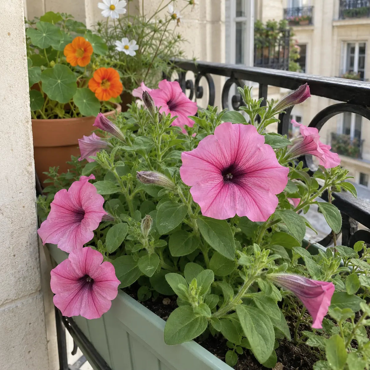Pétunias nains roses en jardinière sur un balcon, avec des capucines en arrière-plan.