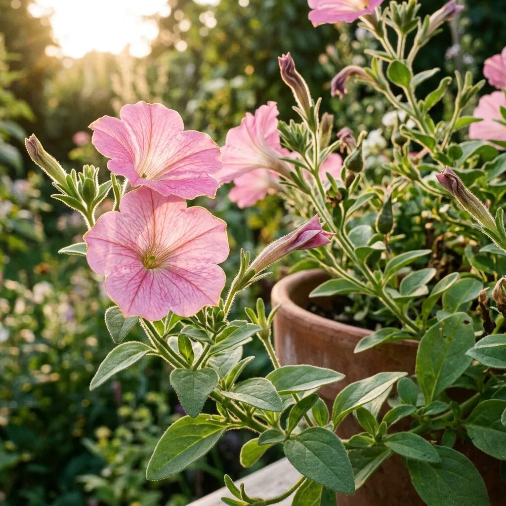 Contre-jour du soir sur des corolles de pétunia rose, nervures par transparence