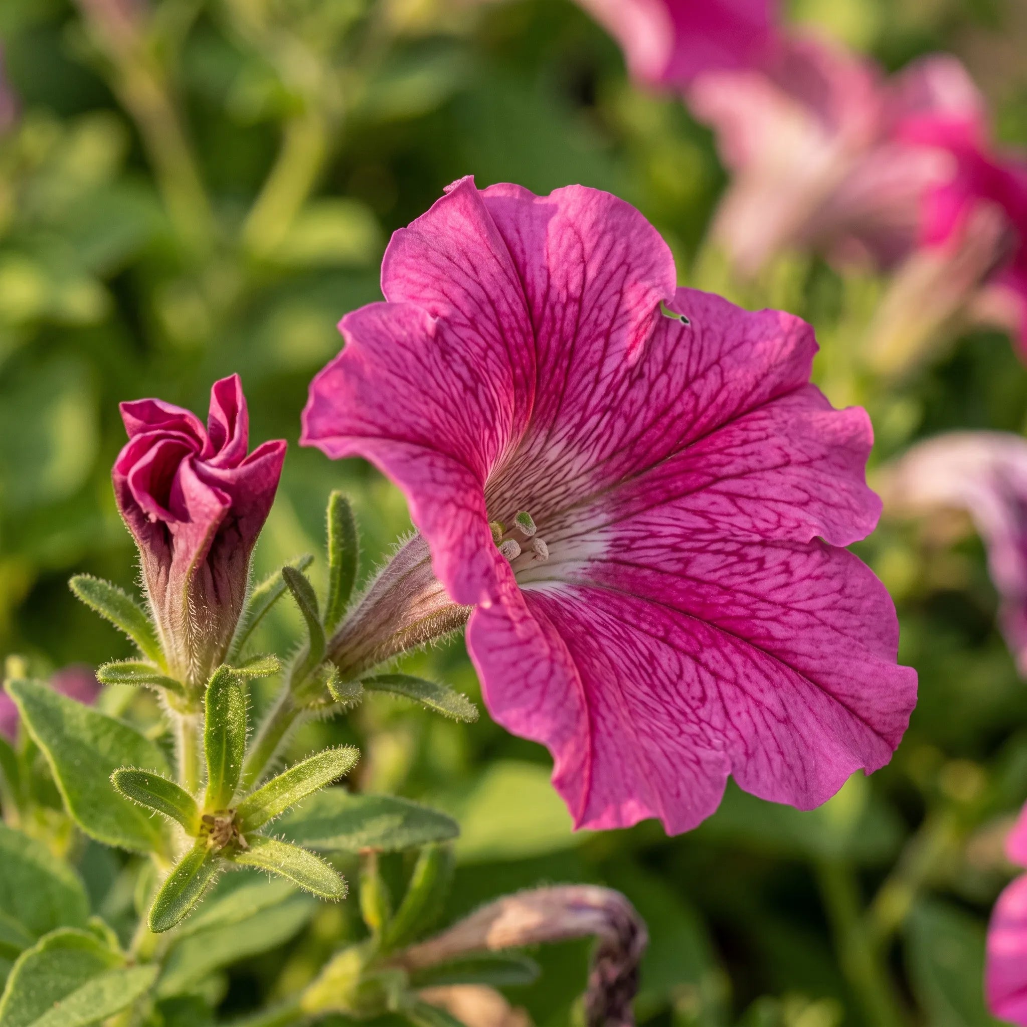 Macro d'une corolle de pétunia rose en entonnoir, nervures rayonnantes et poils glanduleux