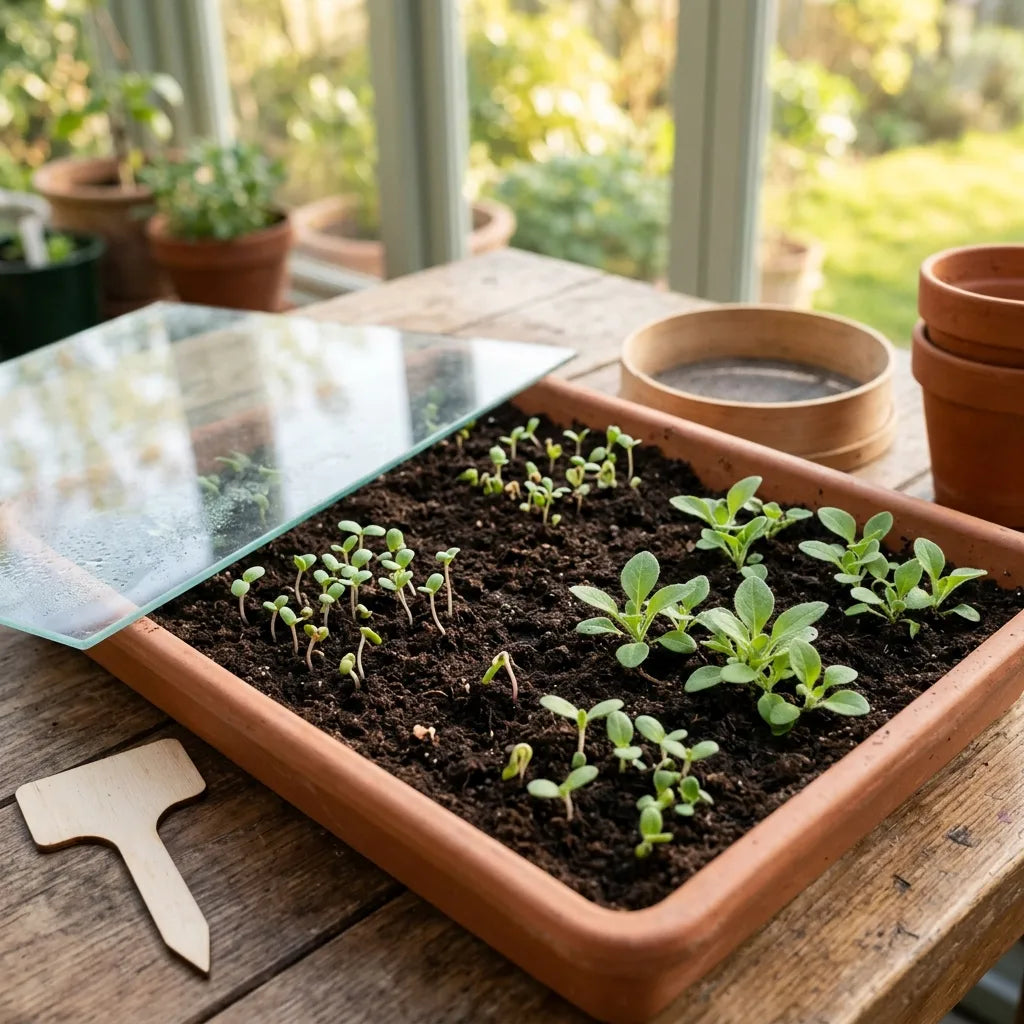Semis de pétunia en terrine sous verre dans une véranda, minuscules plantules