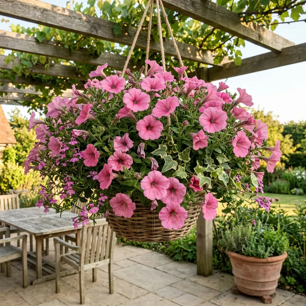 Pétunias nains roses en suspension d'osier sous une pergola de bois