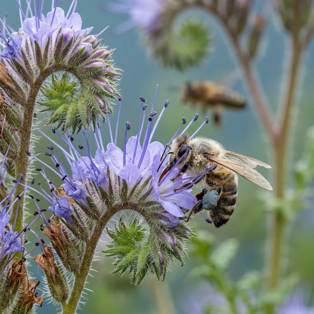 Abeille chargée du pollen bleu de la phacélie, plante très mellifère — SemiSauvage