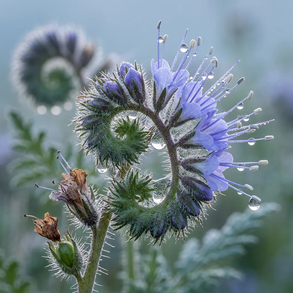 Macro d'une cyme enroulée de phacélie couverte de rosée — SemiSauvage