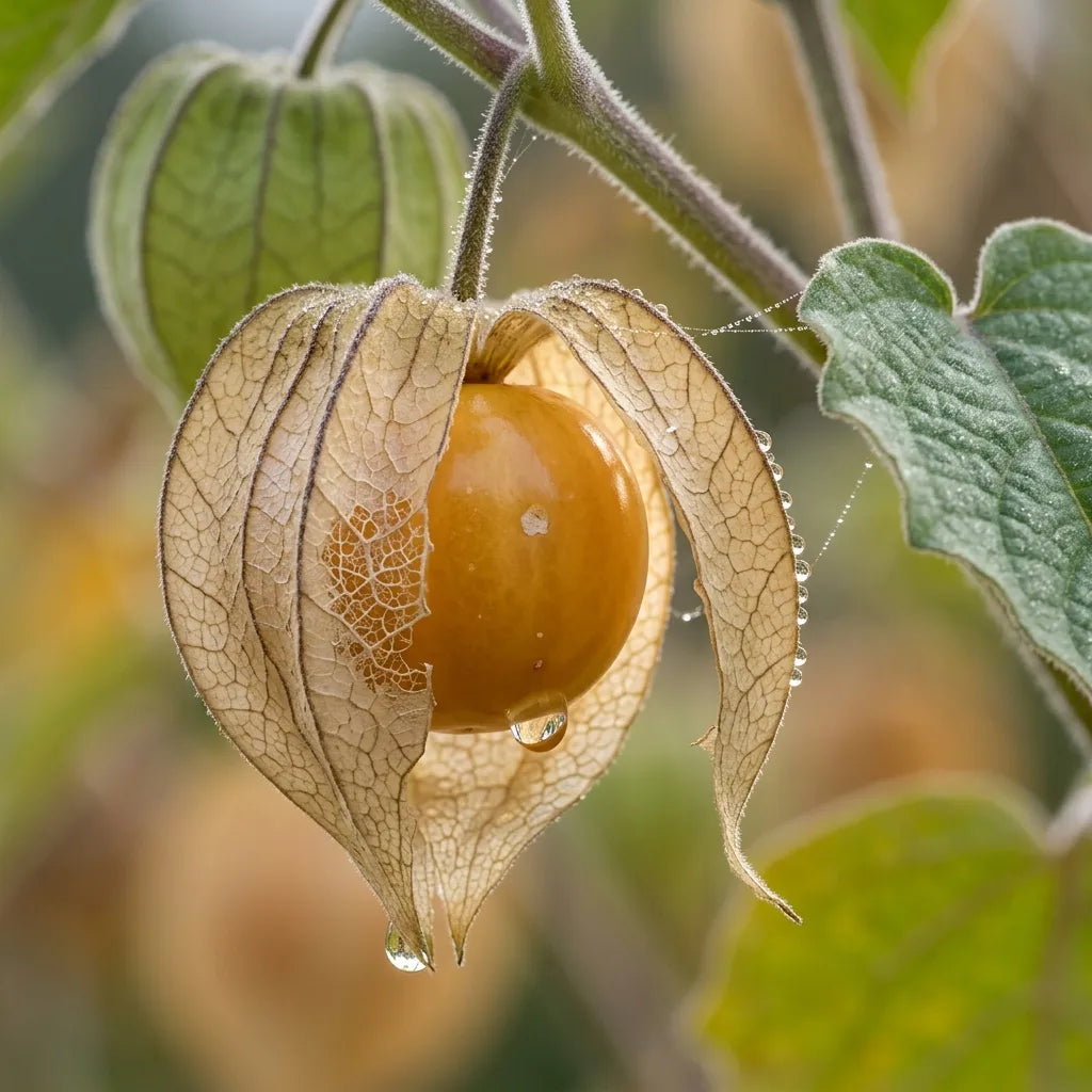 Macro d'une baie dorée de physalis dans son lampion de parchemin, avec rosée — SemiSauvage