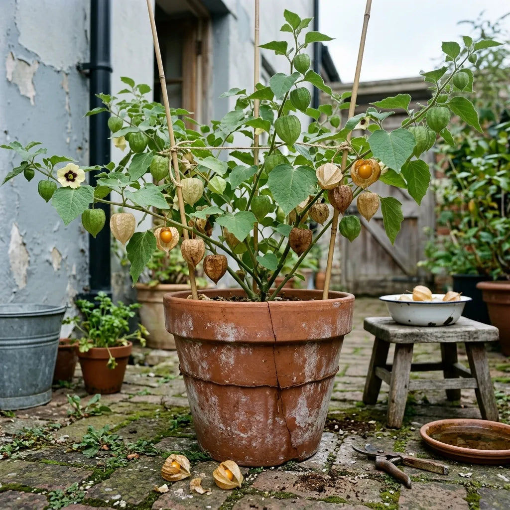 Physalis cultivé en grand pot de terre cuite sur une terrasse — SemiSauvage