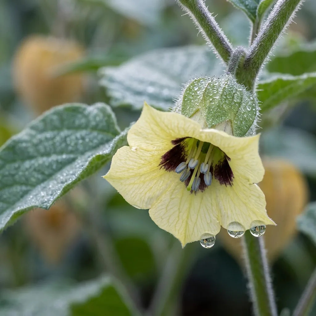 Macro d'une fleur de physalis à gorge tachetée de pourpre, couverte de rosée — SemiSauvage