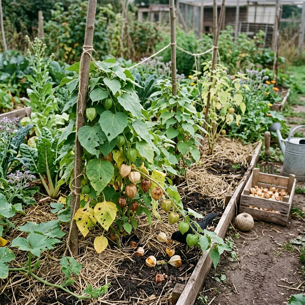 Pieds de physalis tuteurés dans une planche de potager en permaculture — SemiSauvage