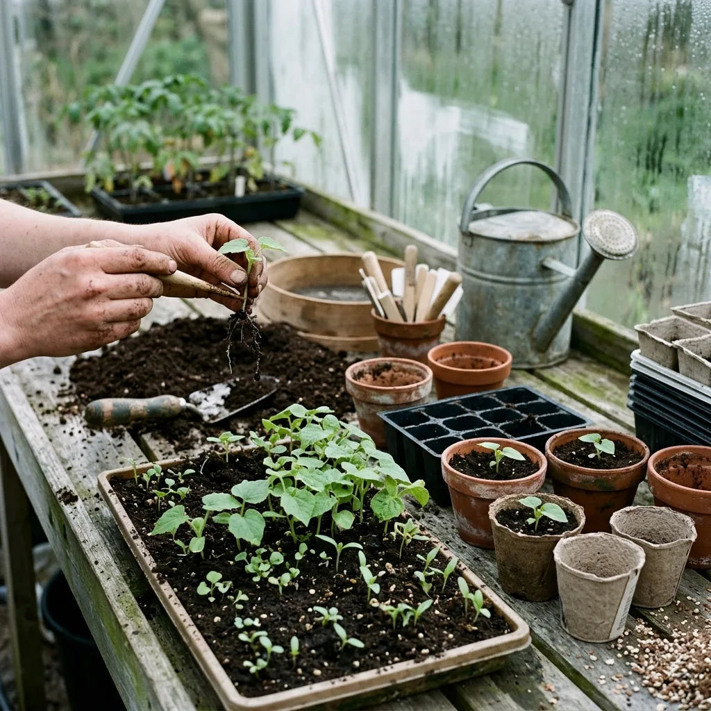 Repiquage de jeunes plants de physalis en godets sous serre — SemiSauvage
